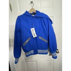 Vintage DeLong Lettermans Varsity Jacket Blue/Gray Size Small With Hood